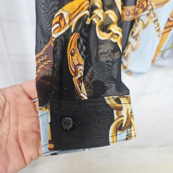 Black Gold Mesh Sheer Button Blouse Equestrian Club Party XL NWT - Picture 3 of 12